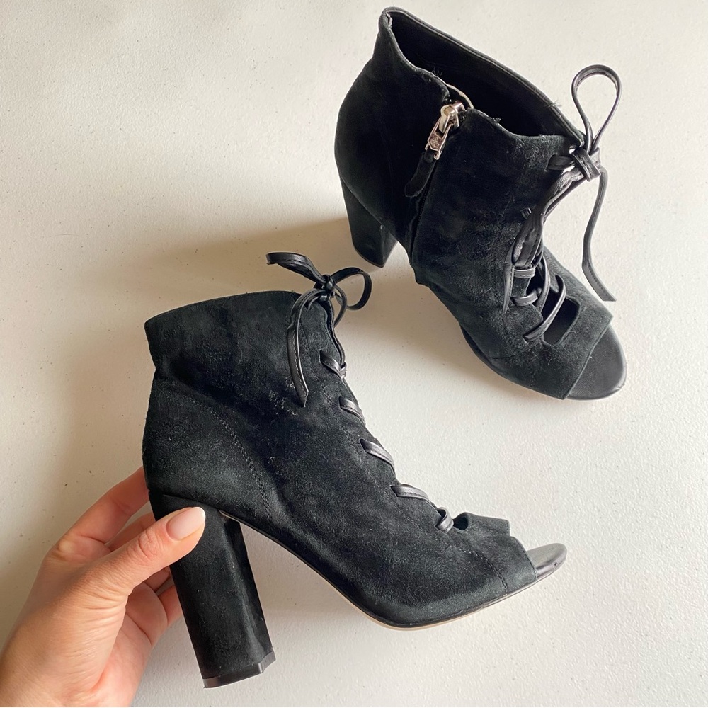 Sam Edelman Size 7.5 Black Faux Suede Leather Peep Toe Lace-up Block Heel Bootie